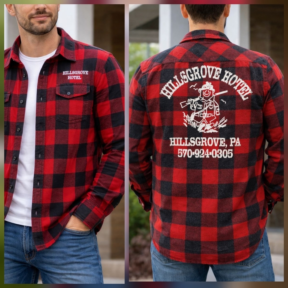 Vintage Style Hillsgrove Hotel Flannel Red & black Buffalo Plaid Button Up Shirt